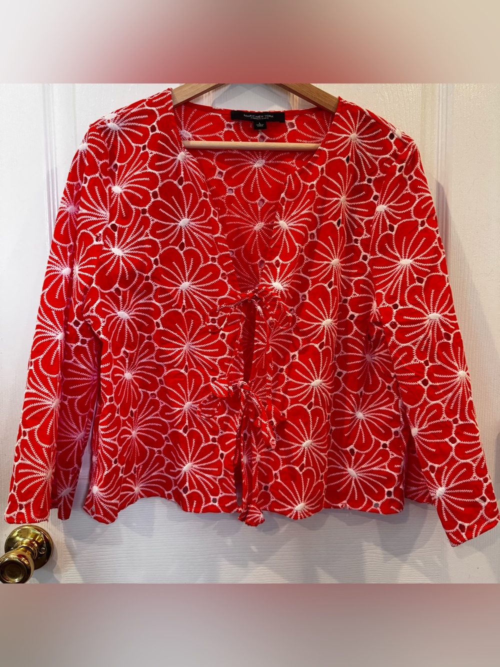Marc New York Andrew Marc Tomato Red Eyelet Tie Front Top Large